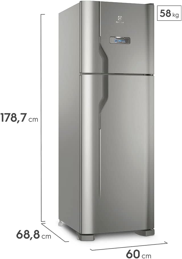 Refrigerador inox Electrolux 2 portas com dimensões e peso 178,7x60x68,8 cm e 58 kg