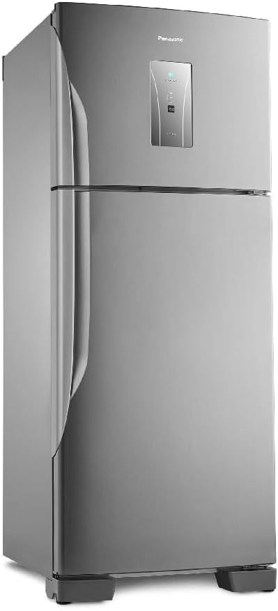 Geladeira Panasonic Frost Free 435L aço escovado vista lateral com painel digital