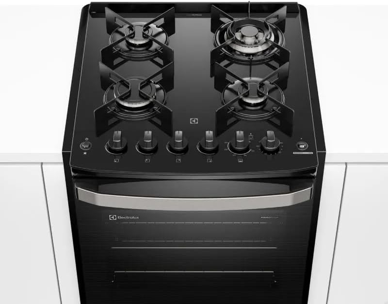 Fogão preto Electrolux com mesa de vidro e 4 bocas, vista superior.