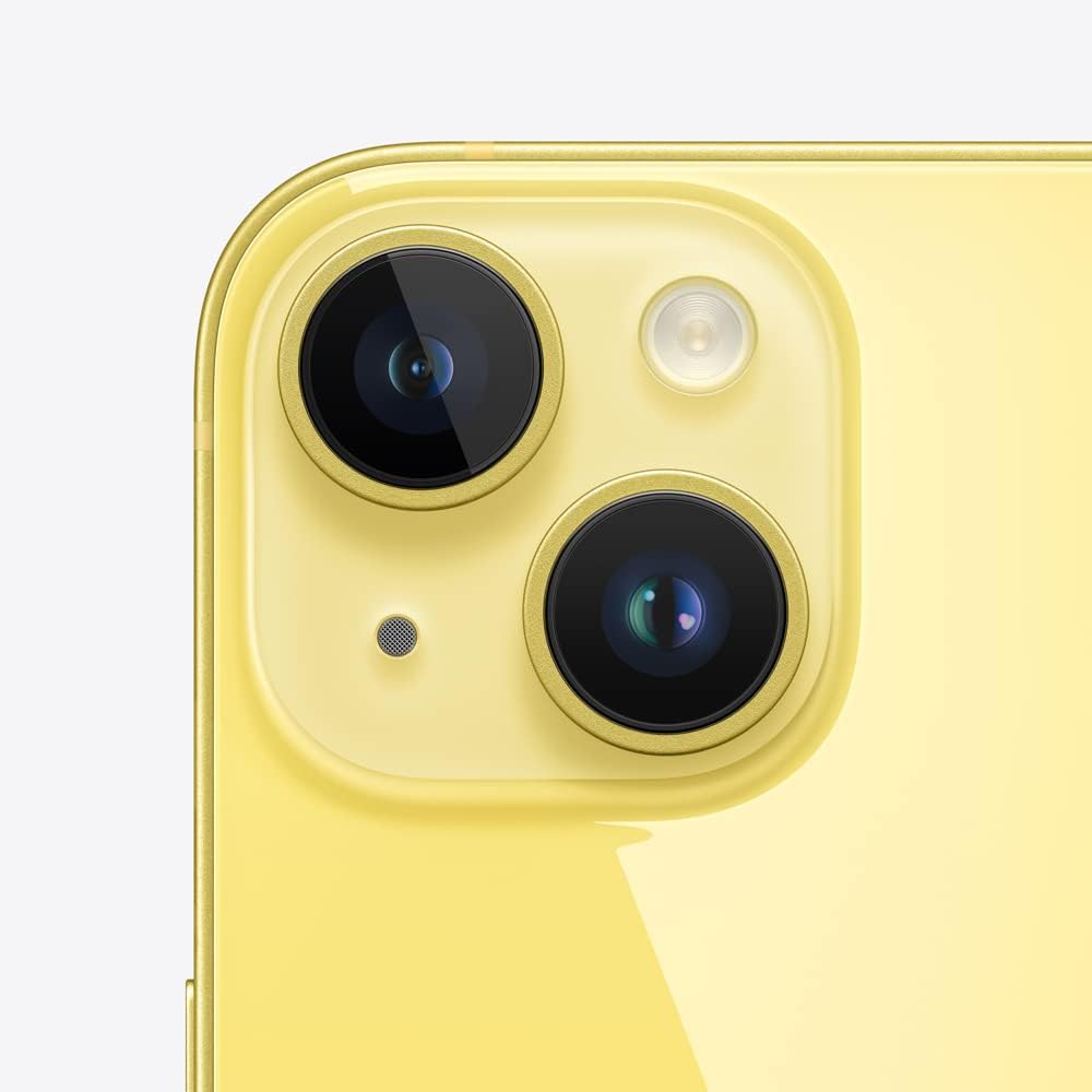 Detalhe câmera dupla traseira iPhone 14 Plus amarelo com flash e sensor