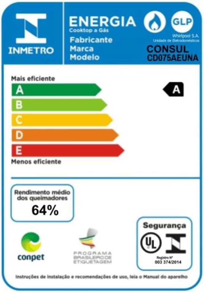 Etiqueta INMETRO eficiência energética A cooktop Consul gás modelo CD075AEUNA