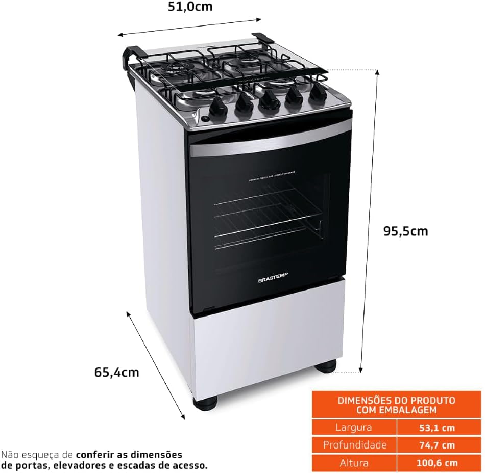 Fogão Brastemp 4 bocas branco com dimensões do produto