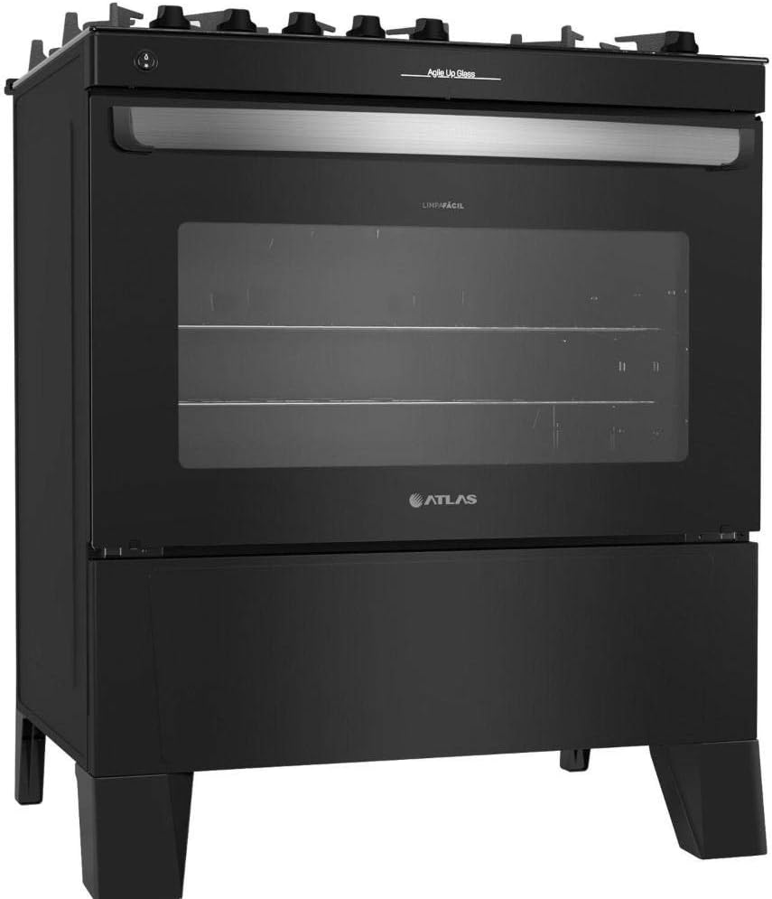 Fogão 5 bocas Atlas Agile Up preto vista lateral com mesa de vidro