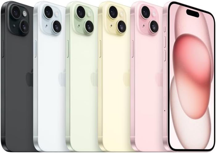 Linha de iPhone 15 Plus em várias cores alinhados lado a lado