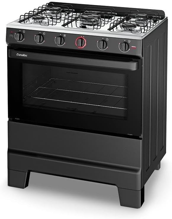Fogão Esmaltec Ideal Super 5 Bocas preto com mesa de inox