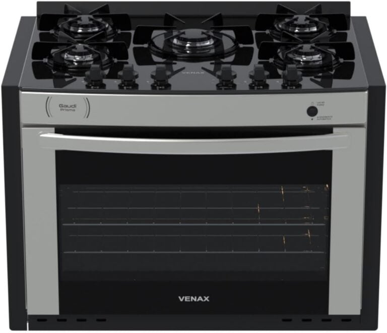 Fogão a gás de embutir Gaudi Prisma Vitreo BL 5 bocas inox com mesa em vidro preto e forno com porta de vidro