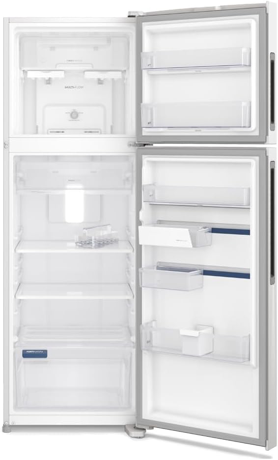 Geladeira Electrolux Frost Free Duplex Efficient branca com portas abertas mostrando interior vazio.