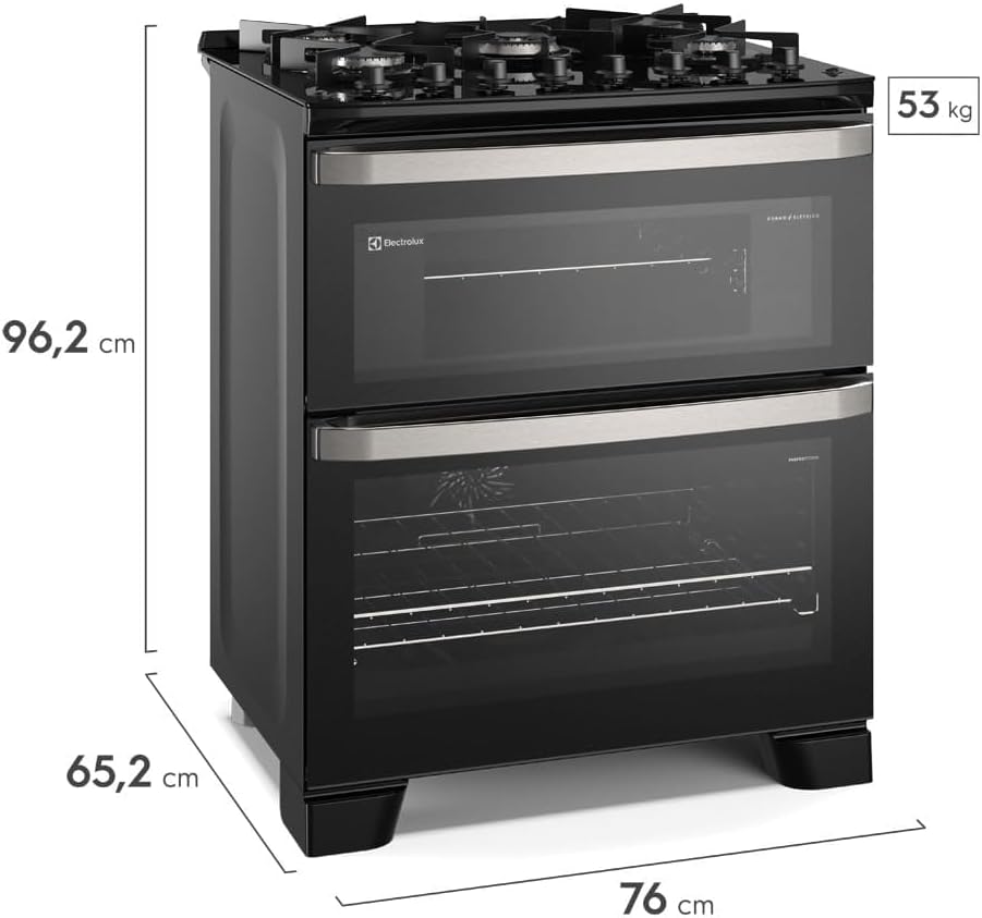 Fogão Electrolux 5 bocas preto com dimensões e peso, forno vidro duplo