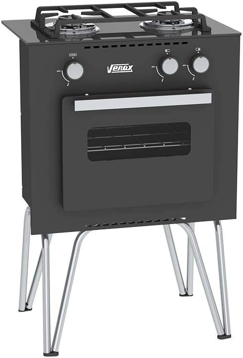 Fogão a gás mini Cook 2Q preto fosco com 2 bocas e forno com pés cromados