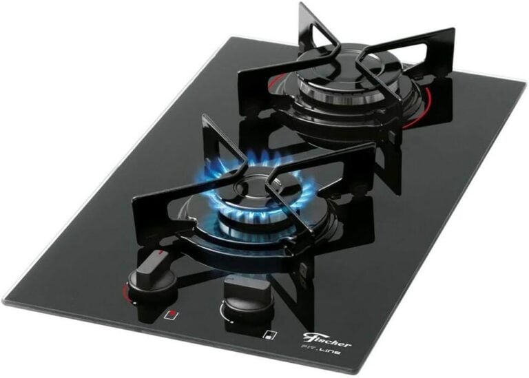 Cooktop à gás Fischer 2 bocas mesa vidro preto com botões frontais e chama azul