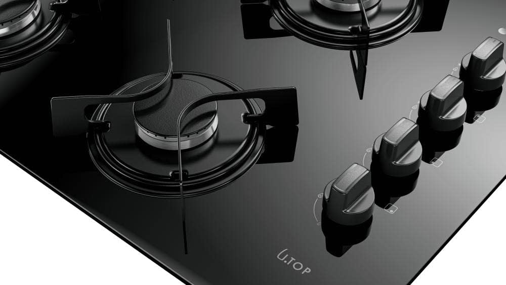 Detalhe botões e queimadores cooktop preto vidro U.Top Atlas