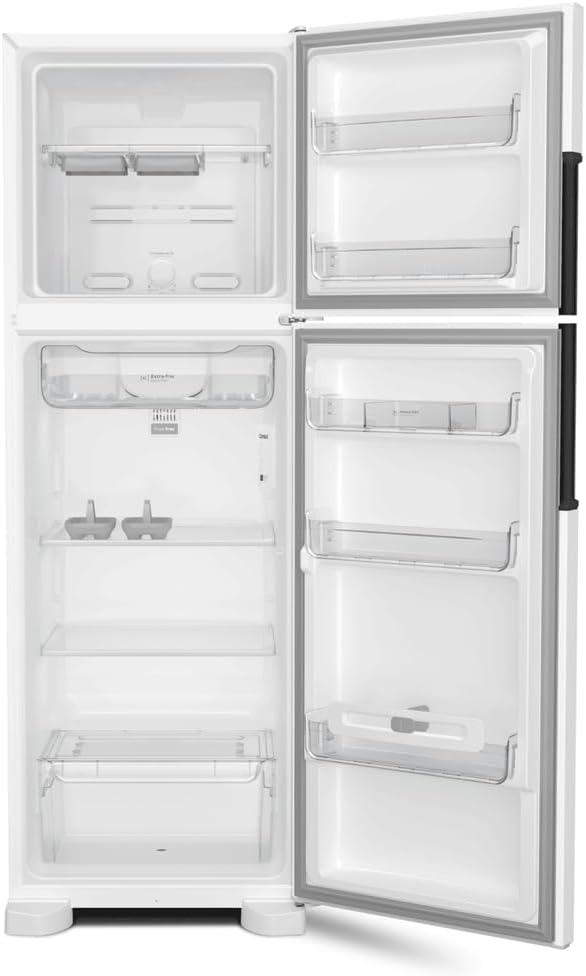 Interior da geladeira Consul Frost Free com portas abertas mostrando freezer superior e geladeira inferior.