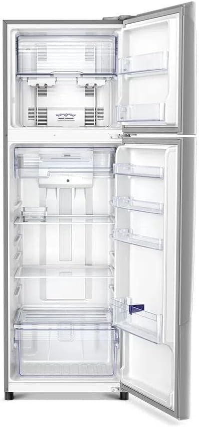 Geladeira Panasonic A+++ Frost Free 387l interior vazio com prateleiras e gavetas transparentes