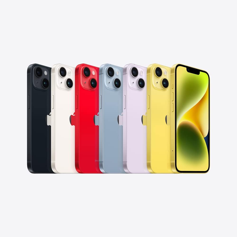 Linha de iPhone 14 Plus em várias cores alinhados mostrando telas e traseiras