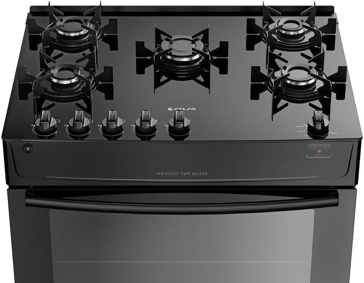 Fogão Atlas preto 5 bocas Mônaco Top Glass vista superior frontal