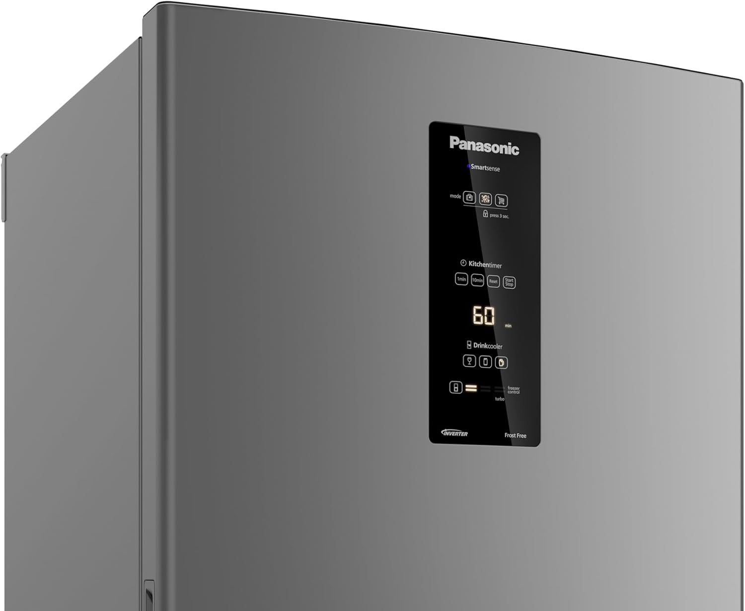 Painel digital da geladeira Panasonic BB64 inox escovado com funções de temperatura e modos