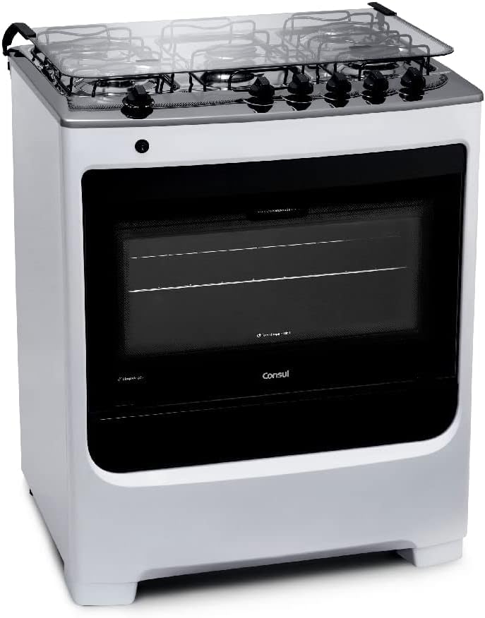 Fogão de piso Consul 5 bocas branco vista lateral com botões removíveis