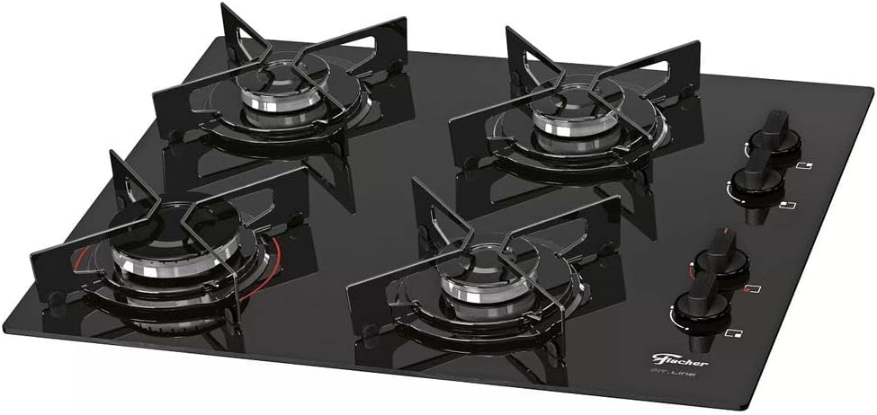 Cooktop Fischer 4 bocas vidro preto à gás com botões laterais.