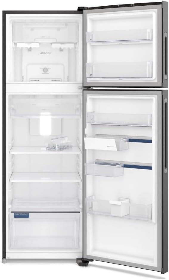 Geladeira Electrolux Frost Free Inverter 390L interior vazio com portas abertas