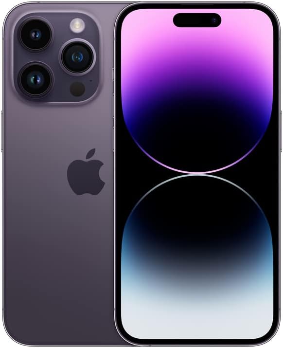 Apple iPhone 14 Pro roxo-profundo com tela ligada e câmera tripla traseira