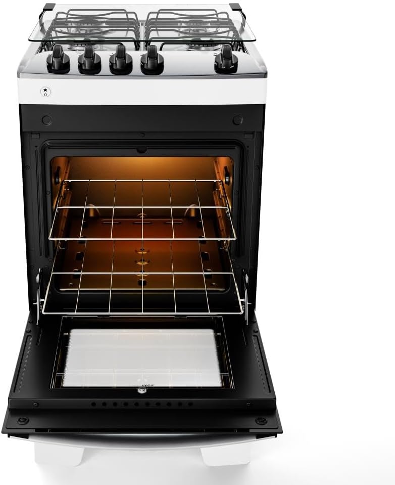 Fogão 4 bocas branco com forno aberto vazio e mesa inox Atlas Agile Up bivolt