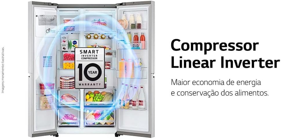 Refrigerador LG Side By Side 611L aberto mostrando compressor Linear Inverter