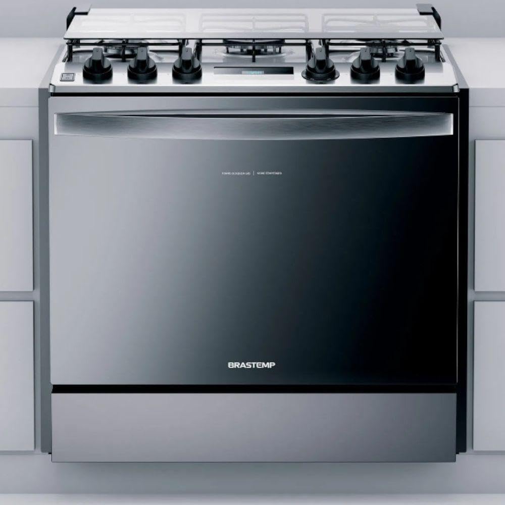 Fogão Brastemp inox 5 bocas embutido com porta preta frontal e botões superiores