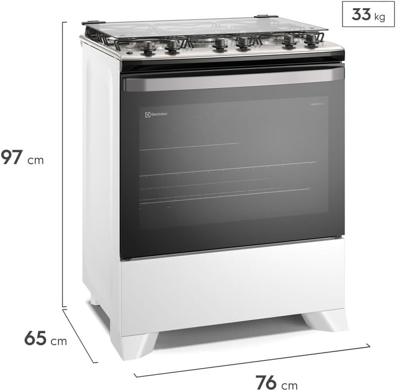 Fogão Electrolux Branco 5 bocas com dimensões 97cm altura, 76cm largura, 65cm profundidade.