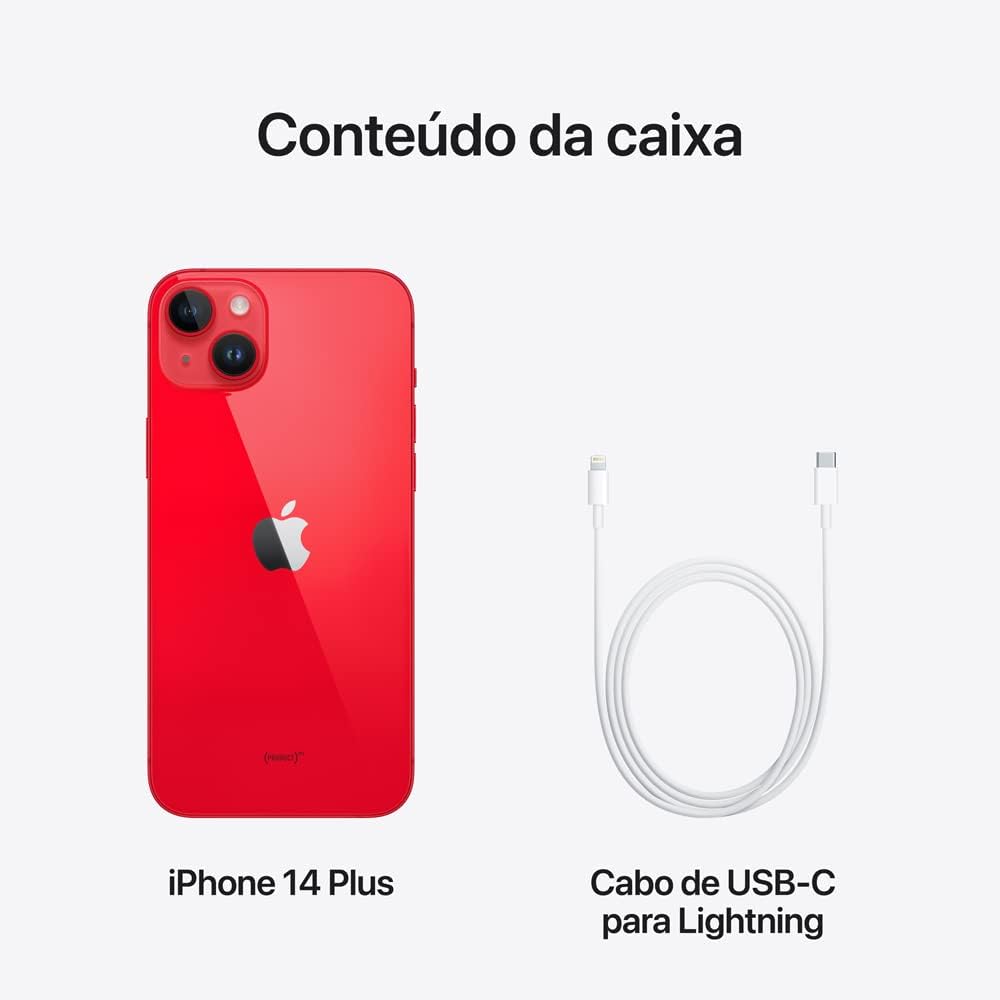 Conteúdo da caixa do Apple iPhone 14 Plus vermelho com cabo USB-C para Lightning.