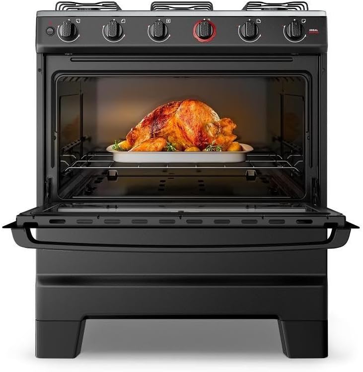 Fogão Esmaltec Ideal Super 5 Bocas com forno aberto e frango assado