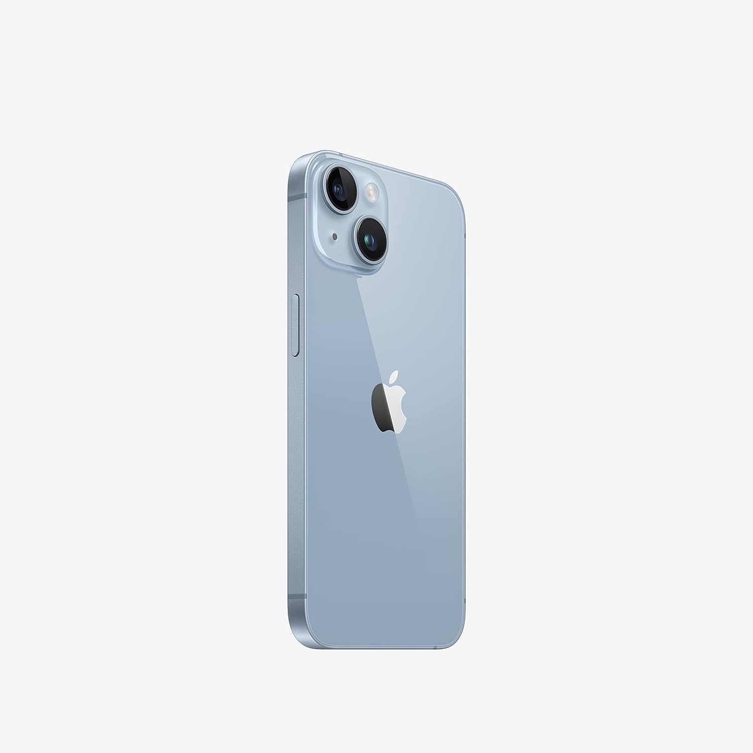 Apple iPhone 14 azul visto de lado mostrando design fino e câmeras traseiras.