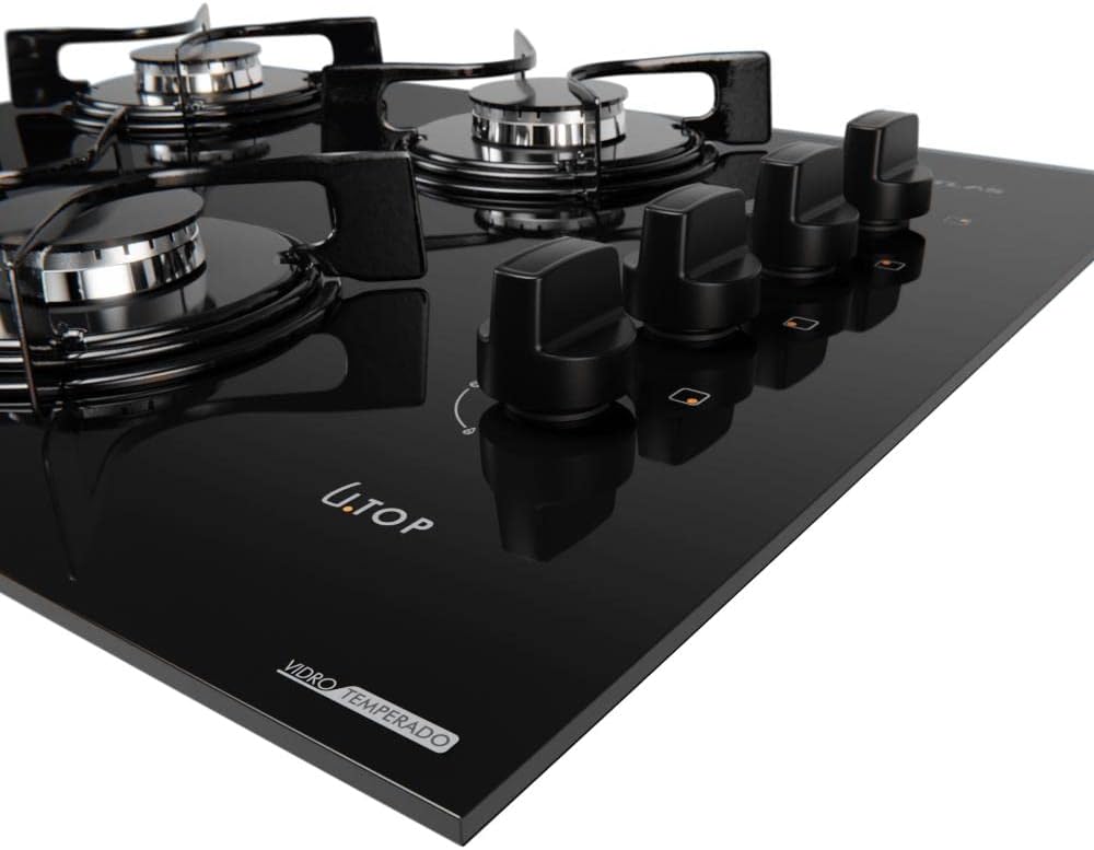 Vista lateral cooktop vidro temperado preto 4 bocas Atlas U Top