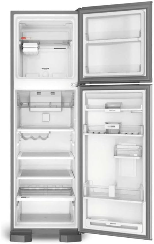 Interior da geladeira Brastemp Frost Free inox 375 litros, portas abertas com compartimentos e gavetas.