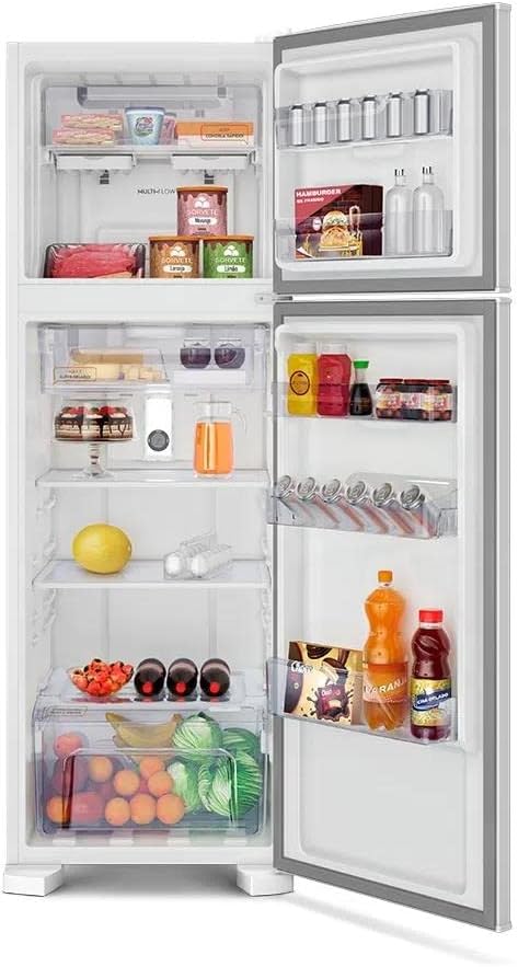 Refrigerador Continental aberto com alimentos 370L duas portas branco prateleiras transparentes