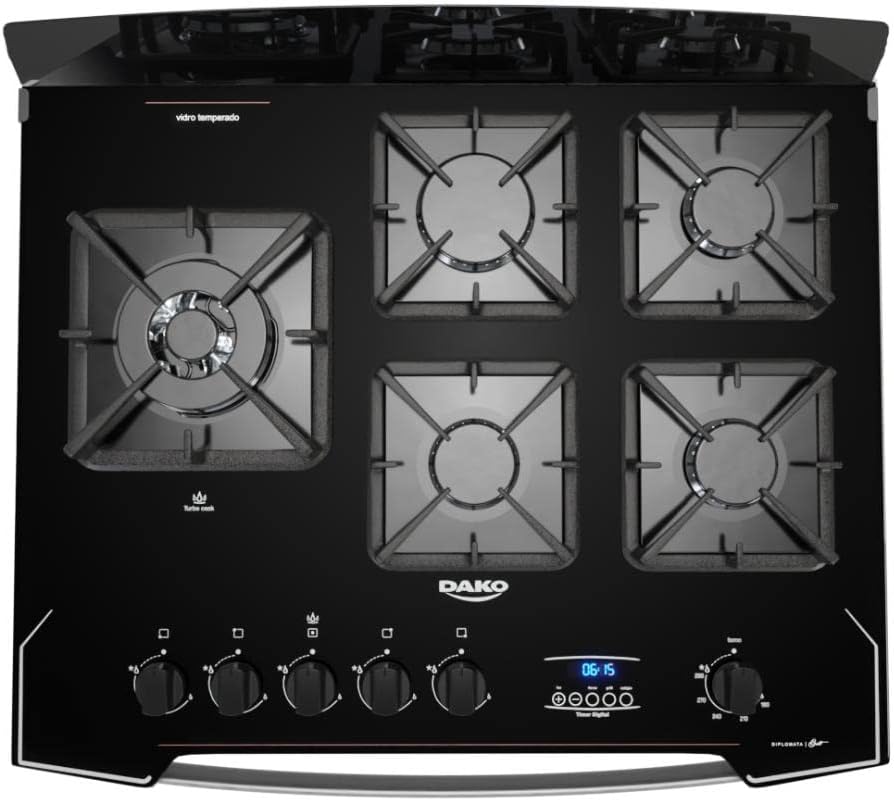 Painel fogão 5 bocas preto vidro temperado com timer digital Dako Diplomata