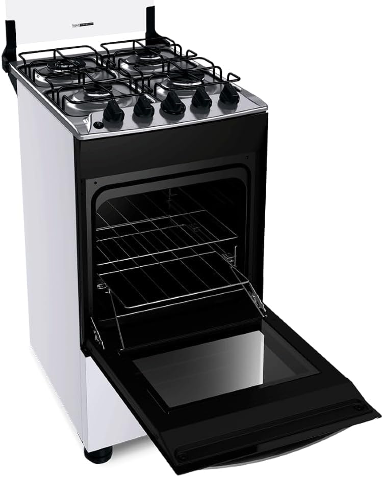 Fogão Brastemp 4 bocas branco com forno aberto e prateleiras internas