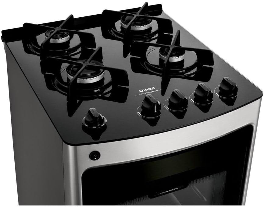Detalhe mesa de vidro preto com 4 bocas e botões fogão Consul