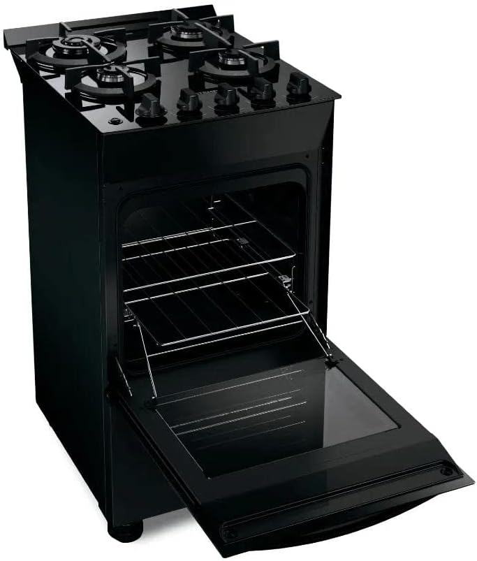 Fogão Brastemp 4 bocas preto com forno aberto mostrando interior e portas abaixadas