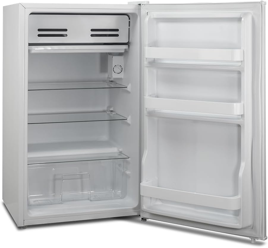 Frigobar Philco PFG114 aberto com prateleiras internas e congelador