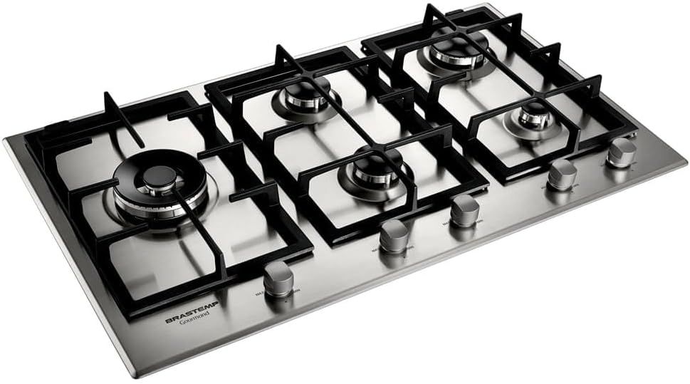 Cooktop Brastemp Gourmand inox 5 bocas visto de lado com botões frontais