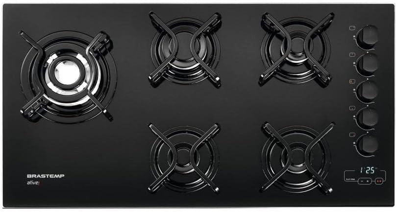 Cooktop Brastemp 5 bocas vidro preto vista superior com display digital e botões