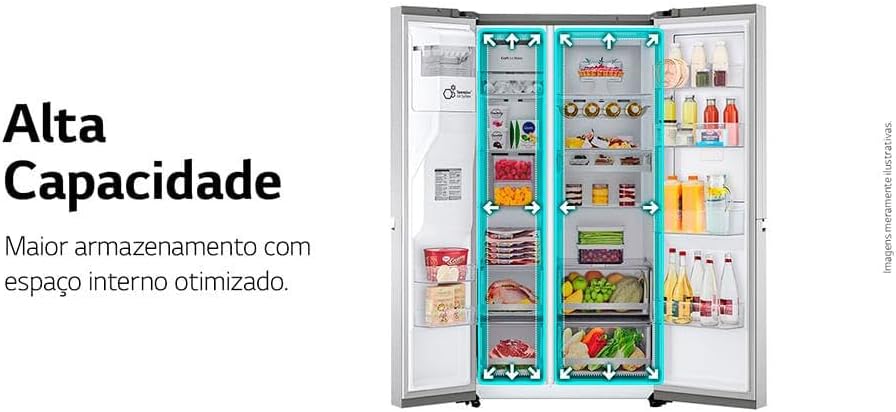 Refrigerador LG Side By Side 611L mostrando alta capacidade de armazenamento