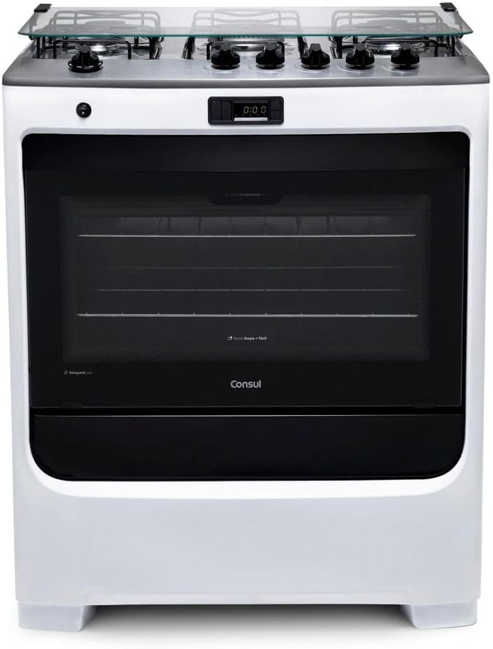 Fogão Consul 5 bocas branco com timer digital e forno com vidro preto frontal