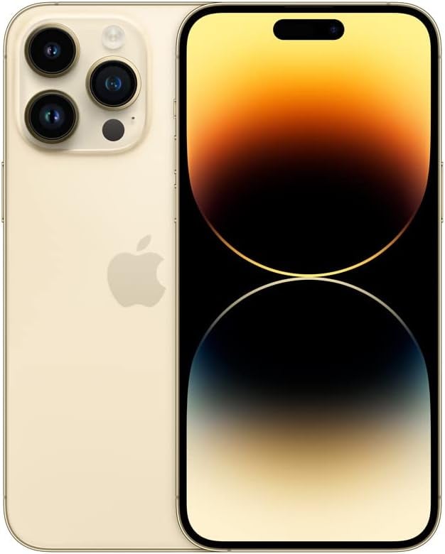 Apple iPhone 14 Pro Max dourado 1TB vista frontal e traseira com tela ligada.