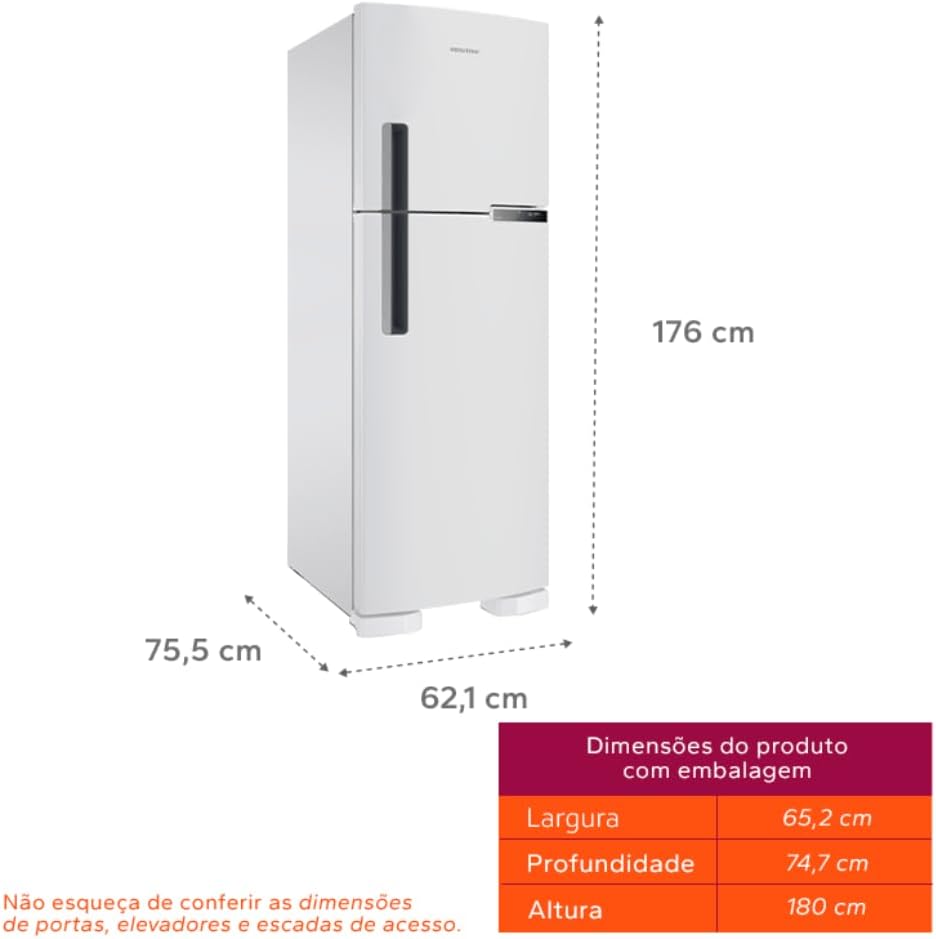 Geladeira Brastemp Frost Free Duplex branca com dimensões destacadas em gráfico