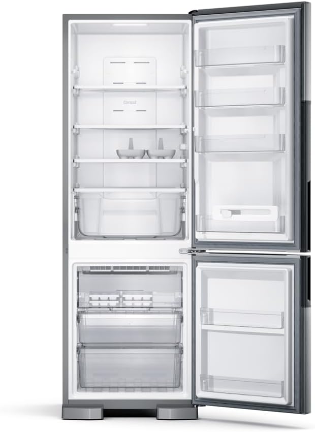 Geladeira Consul Frost Free Duplex 397L Evox portas abertas com compartimentos internos