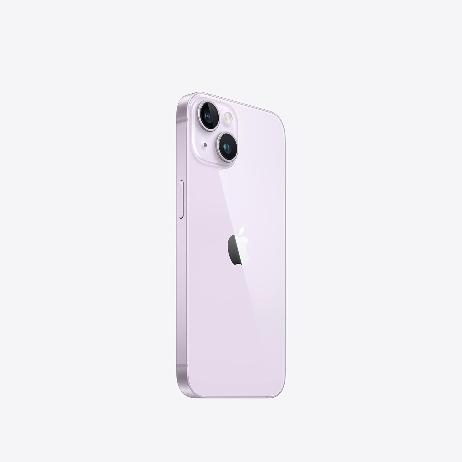 Apple iPhone 14 Roxo visto de lado mostrando traseira e câmeras diagonais