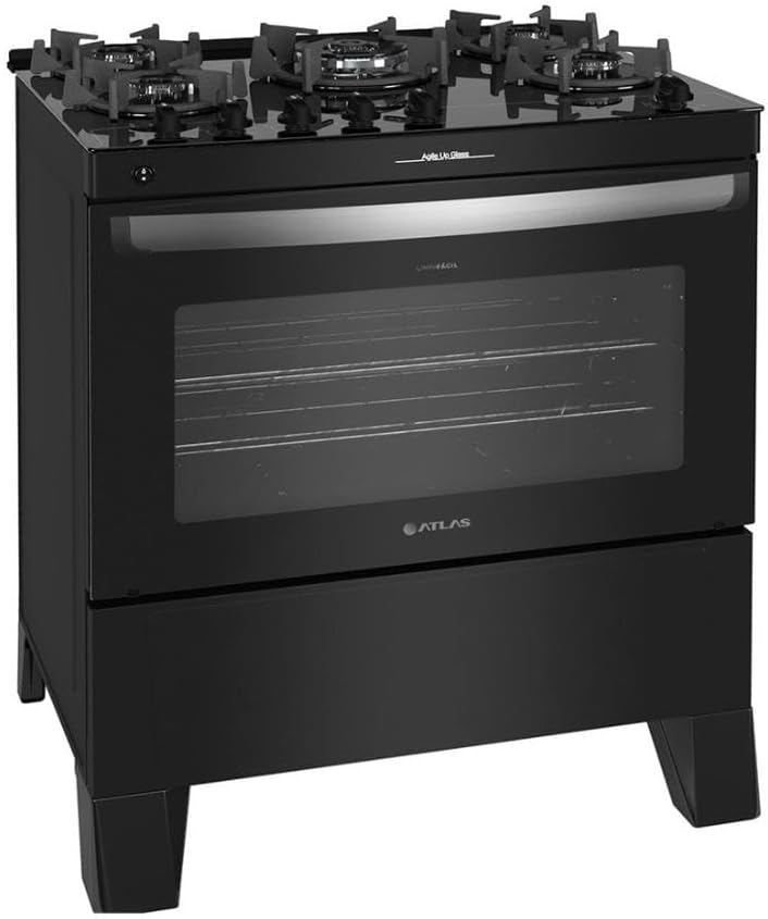 Fogão preto Atlas Agile Up 5 bocas com mesa de vidro e forno grande