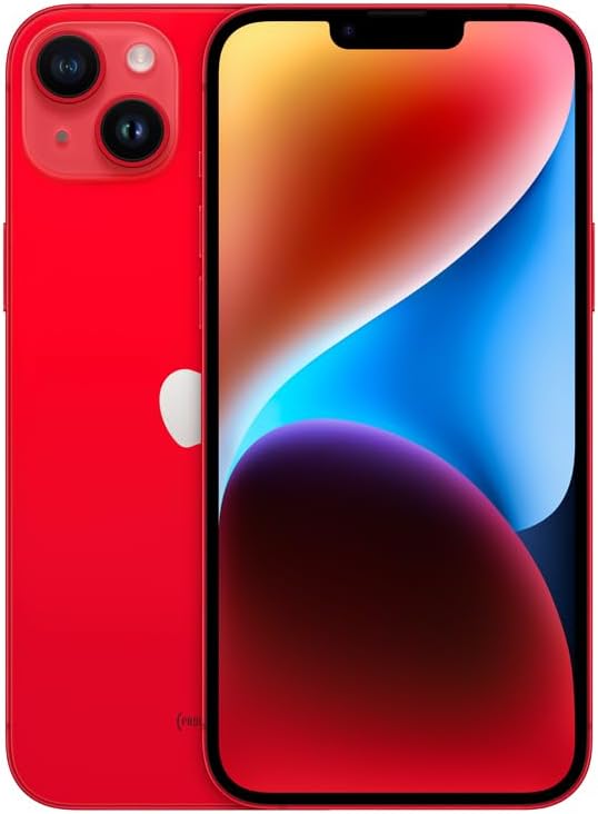 Apple iPhone 14 Plus (PRODUCT) RED frente e costas exibindo tela e câmeras duplas.