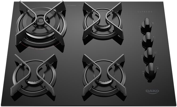 Cooktop 4 bocas gás Dako Supreme com mesa vidro temperado preto e queimador tripla chama